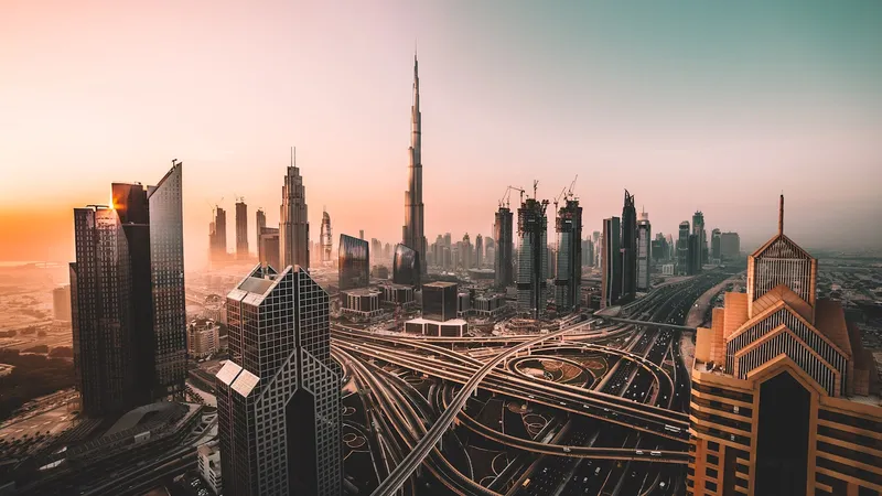 Dubai Metro Blue Line route aerial view of high-rise buildings and city highway in Dubai