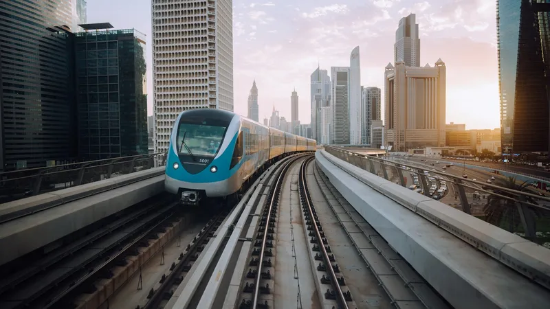 Dubai Metro blue and white train at station illustrating Red Line precedent for property value gains