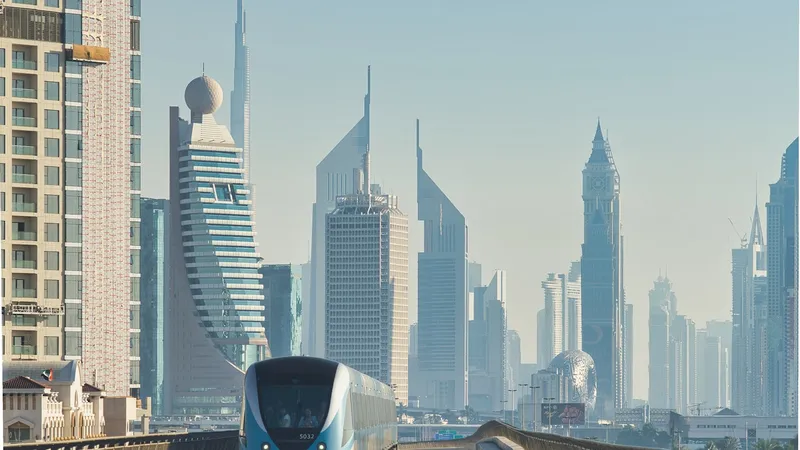 Dubai Metro train running between high-rise residential and commercial towers